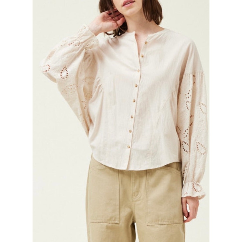Neuflora Brenna Blouse Ecru Cotton Eyelet Button Down Cream Large